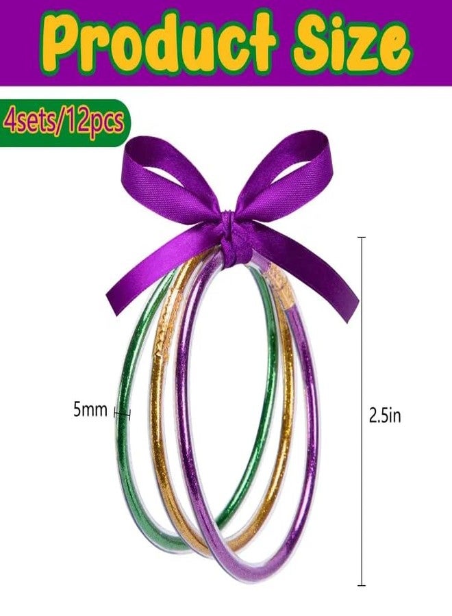 RunNico 12 Pcs Mardi Gras Jelly Bangles, Mardi Gras Glitter Bracelets with Bowknot, Purple Green Gold Jelly Bangles for Festival Parade Party Favors Costume Accessories - Image 2